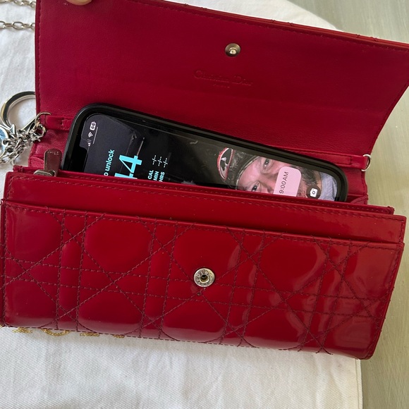 Lady Dior Cannage Quilted Cherry Red Patent Leather Calfskin Wallet Bag & Chain - Picture 13 of 17